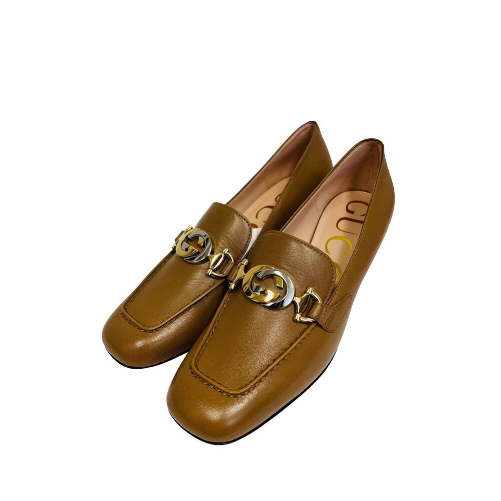 GUCCI Brown Leather Interlocking G Zumi Logo Square Toe Block Heel Loafers 36.5 - Picture 3 of 10
